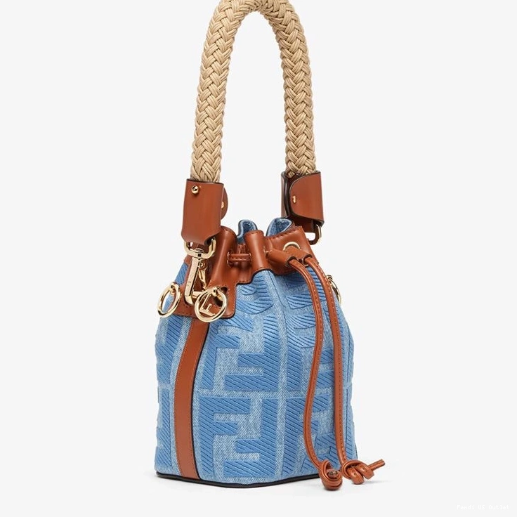 Vintage HOT Straw Fendi Blue with Tresor FF Mini Handle Bag Straw Bucket In Motif Mon 0803
